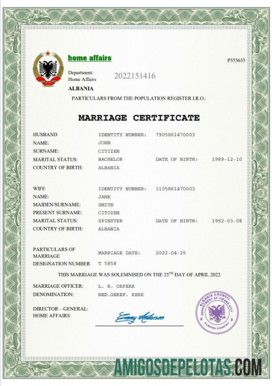 Palavra de certidão de casamento da Albânia exemplo